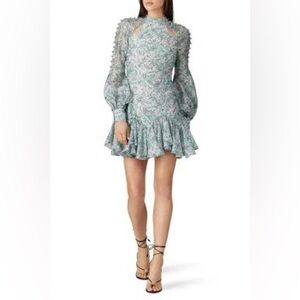 Thurley Dahlia Green Paisley Swirl Ruffle Dress SZ 0 buttons details mock neck